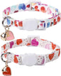 Lionet Paws 2pcs Pack Valentine's Day Cotton Cat Collar,White Breakaway Buckle with Colorful Pink Heart Cute Adjustable Cat Kitten Collar,Ideal for Girl Cats