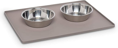 Messy Mutts & Cats Silicone Non-Slip Pet Bowl Mat with Raised Edge | 16” x 12” Dog/Cat Bowl Mat with Spill-Proof Lip | Grey