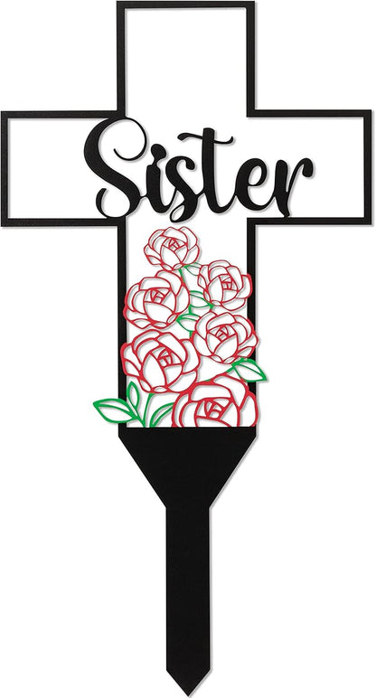 BUoonyer Sister Memorial Graves Markers Cemetery Decorations, Metal Cross Stakes Grave Stones Cemetery Headstones Decor, Girls Graveyard Remembrance Graveside Sign for Garden Outdoor Outside Yard