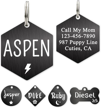 Ultra Joys Custom Personalized Dog ID Tag - Brushed Stainless Steel Hexagon Black Large