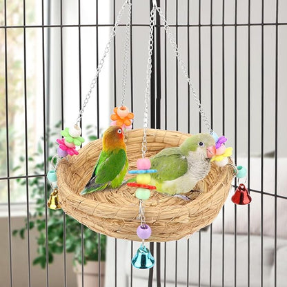 Hypeety Natural Handwoven Straw Nest Bed Large Bird Swing Toy with Bells for Parrot Cockatiel Parakeet African Grey Cockatoo Macaw Budgie Canary Lovebird Cage Perch (A)