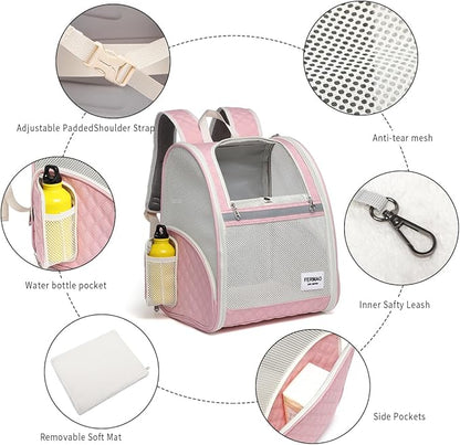 Cat Backpack Carrier for Small Dogs and Medium cat Puppy Kitten Bunny Pet Carrier Backpack Collapsible with Fully Ventilated Mesh with Safety Leash (Pink, 12.9" L x 10.62" W x 15.5" H - M)