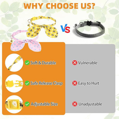 KOOLTAIL Spring Cat Collar Breakaway with Bowtie and Bells, 2 Pack Cute Kitten Collars, Butterfly & Bee Design with Safety Buckle Adjustable for Small Large Cats Boys & Girls
