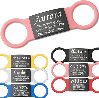 Anavia Slide On Silent Pet ID Tags, S/M/L/XL Personalized Black Stainless Steel Colored Silicone Cat Dog Name Tag, Customized Engraved Nameplate, Quiet Chew-Proof Pet Collar Tag (Pink, X-Large)