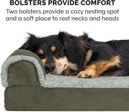 Furhaven Orthopedic Dog Bed for Large/Medium Dogs w/ Removable Bolsters & Washable Cover, For Dogs Up to 55 lbs - Two-Tone Plush Faux Fur & Suede L Shaped Chaise - Dark Sage, Large