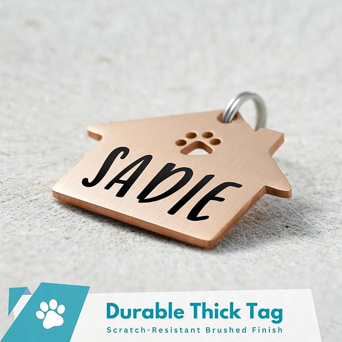 Ultra Joys Dog Tags Personalized for Pets - Hollow Paw Custom Pet ID Tag - Engraved Dog Tag for Small, Large Dogs - Small House in Rose
