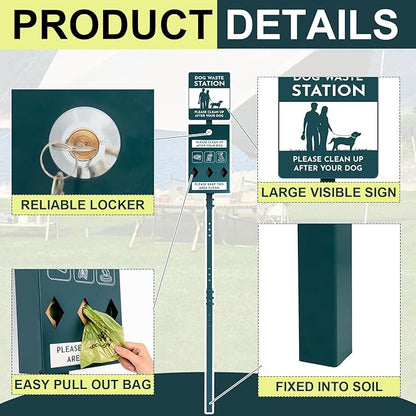 Qinyoung Dog Waste Station with Bags Galvanized Steel Outdoor Pet Bin Dispenser Reflective Sign Rust Proof System for Backyard Commercial Park(1 Pack)
