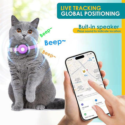 Cat Tracker, GPS Tracker Compatible with Apple Find My App(Only iOS), Waterproof Cat Tracker Collar with Bell and Safety Elastic Buckle, No Monthly Fee Pet Trackers for Vehicles, Pets, Kids (Purple)