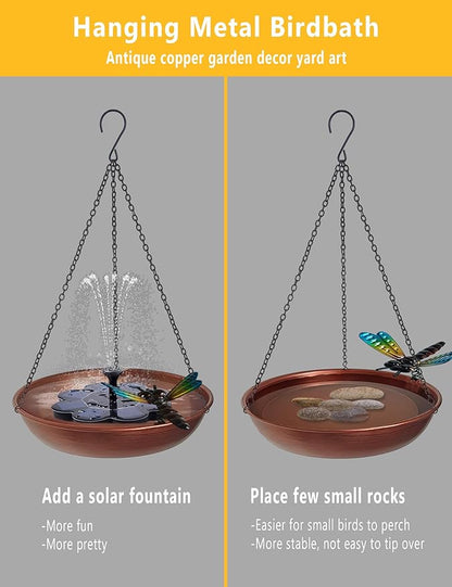 Hanging Birdbath Bird Feeder for Outdoor 11” Antique Copper Cute Small Metal Bird Bath Bowl with Detachable Black Chain Metal Dragonfly for Garden Backyard Decor