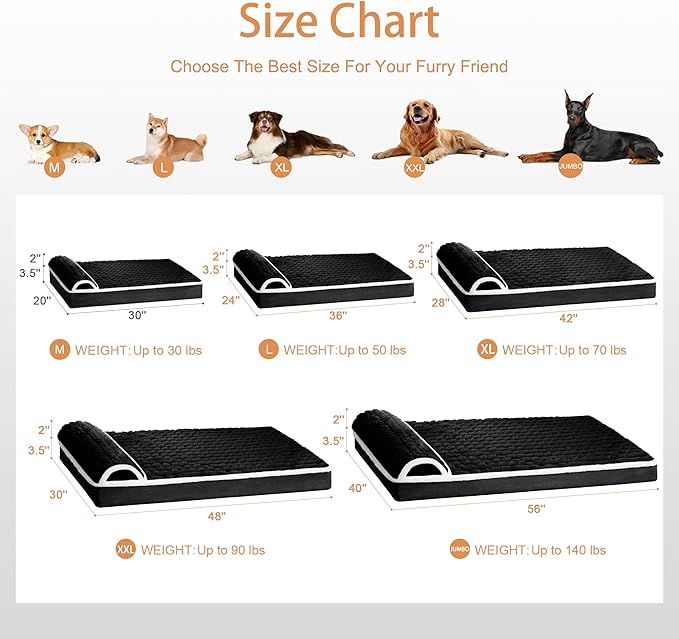 Orthopedic XL Dog Bed Large Sized Dog with Pillow 42''X28'', Waterproof Soft Comfortable Egg Crate Foam Pet Crate Beds Mat with Removable Washable Cover and Non-Slip Bottom, Black
