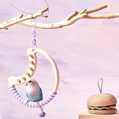 Natural Bird Swing - Moon-Shaped Parrot Perch with Bell and Cork Toys, Spinning Wooden Stand for Parakeets, Budgies, Lovebirds and Small/Medium Birds (White + Yellow)