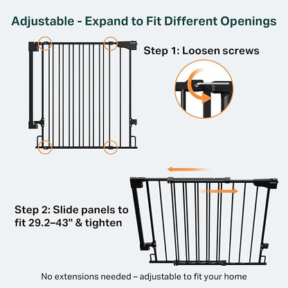 Cumbor 2 Pack 29.2-43" No Bottom Bar Baby Gate for Stairs, 2-in-1 Auto Close Dog Gate Indoor, Hardware Mounted Pet Gate for Doorways with Large Walk Thru Door, Child-Proof Safety Gate for Kids (Black)