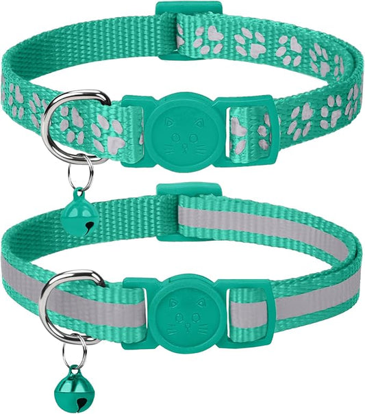 Taglory Reflective Cat Collar Breakaway with Bells, 2 Pack Girl Boy Pet Cat Collar Adjustable 7.5-12.5 Inch, Turquoise