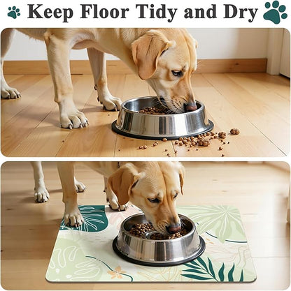 Topotdor Boho Dog Food Mat - Absorbent Quick-Dry Cat Bowl Mat for Food and Water, Non-Slip Pet Feeding Placemat for Messy Drinkers Dog Accessories Pet Supplies, 16"x24", Green