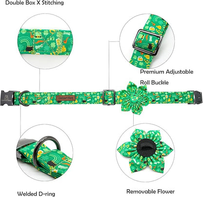 Lionheart glory St. Patrick's Day Dog Collar with Flower Dog Collars for X-Large Dogs,Heavy Duty Green Collars Bows Lucky Clover Shamrock Pet Collar Flower Puppy