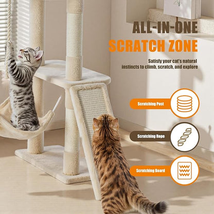 DUMOS Large 63in Cat Tree Tower, Multi Level Cat Climbing Tower with Condo, Natural Sisal Scratching Posts, Extended Platform, Hammock, Pet House for Indoor Cats and Kittens Play, Beige