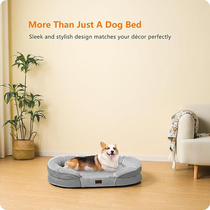 Dwanton Orthopedic Dog Bed for Medium Dogs with Gel Memory Foam, Waterproof Dog Sofa, Washable Pet Bed with Four Sided Bolster Cushion, Removable Cover & Non-Slip Bottom, 35", Light Gray