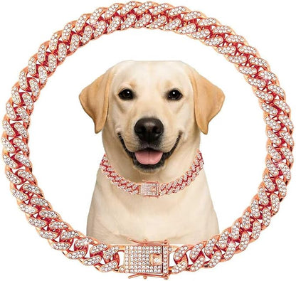 Dog Collar Cuban Link Rose Glod Crystal Dog Necklace Metal Chain Collar with Design Secure Buckle Pet Collar Jewelry Accessories for Small Medium Large Dogs Cats(Rose Glod 8inch)