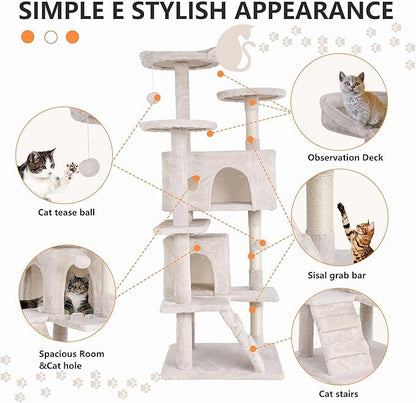 Cat Tree for Indoor Cats, Multi-Level Cat Tower with Scratching Posts & Cozy Condo, Space Saving Cat Activity Center, Durable Pet Play House (54in,Beige)