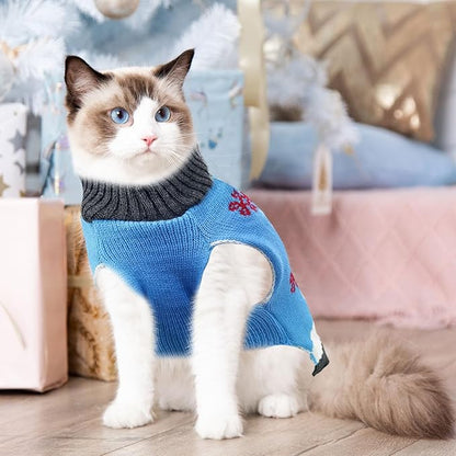 Pet Christmas Dog Sweaters Cute Animal Snowman Printed Puppy Xmas Costumes Winter Warm Turtleneck Jumpers Puppy Knitted Clothes Cat Outfits (M, Blue Snowman)