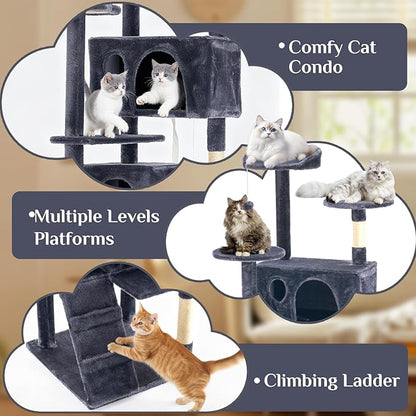 Large Cat Tree 70 Inch, Multi-Level Cat Tree Tower with Condo, Perches, Sisal Scratching Posts and Climbing Ladder, Pet Play House with Dangling Balls for Indoor Cats, Dark Grey