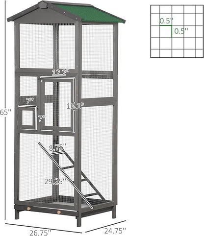 PawHut 65" Wooden Bird Cage Outdoor Aviary House for Parrot, Parakeet, with Pull Out Tray and 2 Doors, Grey