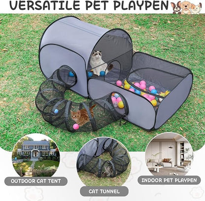 Dog Playpen with Surround Tunnel, Outdoor/Indoor Cat Playpen with Breathable Soft Sides，Tailtastic Cat Enclosure Tent for Small Animals, Portable Cat Tent with Carry Bag (Large)