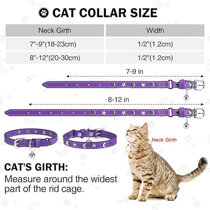 Leather Cat Collars for Boy Girl Cats with Bell and Safety Elastic Belt, Personalized Star and Moon Stud Adjustable Safe Buckle Collar for Kitty Small Big Cats Size 7-9 Inch, Purple