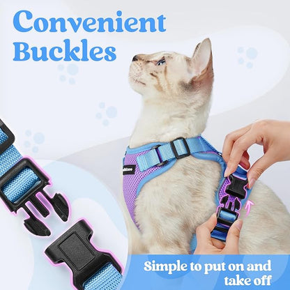 rabbitgoo Cat Harness and Leash Set, Escape Proof Soft Adjustable Vest Harnesses for Outdoor Walking, Easy Control Breathable Kitten Jacket with Reflective Strips, Purple & Blue, S