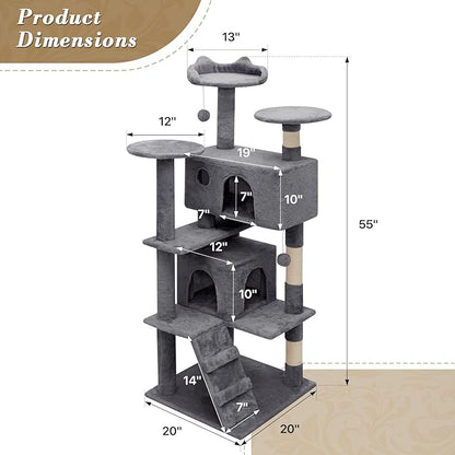 Athena Collection Cat Tree, 54 Inch Cat Tree Tower for Indoor Cats, Multi-Level Cat Tower House Activity Center with 2 Cat Condo & Scratching Post & Dangling Ball, Tall Cat Climbing Tower, Darkgray