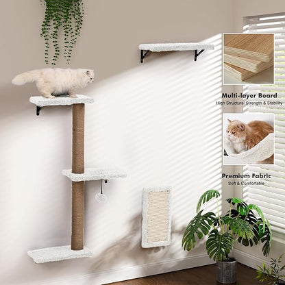 5-in-1 Cat Wall Shelves, Multi-Level Cat Climbing Furniture, Perch & Lounge for Indoor Cats, Space-Saving Wall Mounted Shelves for Play & Rest (Natural Wood) - White
