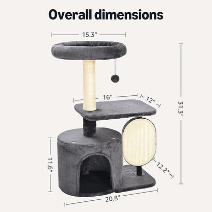 Amazon Basics Cat Tree Tower, Solid Steel Frame with Removable Scratching Pad, Gray, 32 Inches