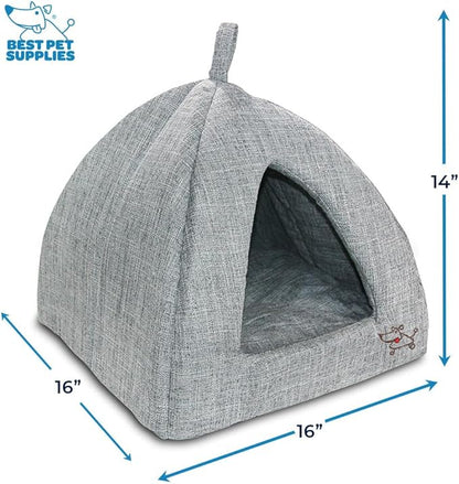 Best Pet Supplies Dog House Bed Crate Mat Tent Indoor Round Soft Plush for Small, Medium, and Large Breeds - Gray Linen, 16" x 16" x H:14"