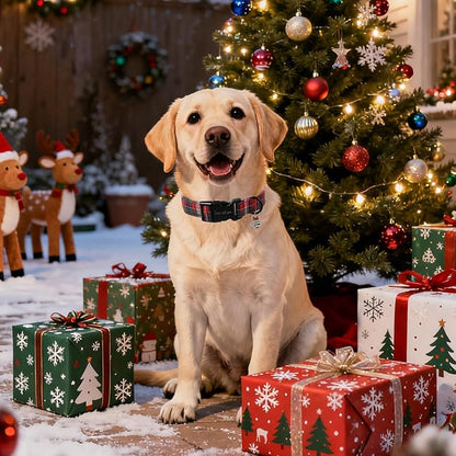 Christmas Dog Collar, Unique Style Paws Red Green Grids Dog Collar for Christmas Comfortable Red Pet Collar with Lightweight Plastic Buckle for Holiday, Fancy Dog Gift