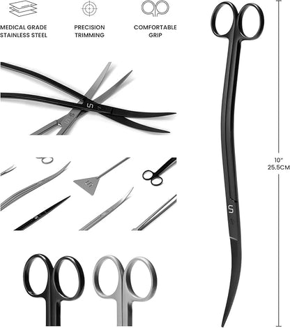 UNS Aquascaping Tools - Stainless Steel, Rust Resistant, Freshwater Planted Tank, Saltwater Reef Aquarium Maintenance Accessory - Trimming Stems & Carpets, Coral Cutting - Wave Scissors, Black
