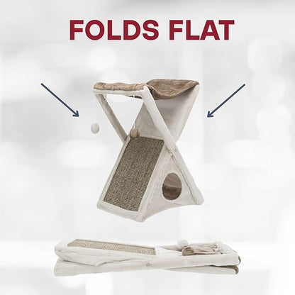 TRIXIE Miguel Fold and Store Cat Hammock, Indoor Cat Furniture with Dangling Toys, Scratching Pad, and Cave, Taupe/Light Gray