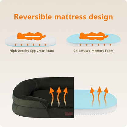 Dwanton Orthopedic Dog Bed for Large Dogs with Gel Memory Foam, Waterproof Dog Sofa, Washable Pet Bed with Four Sided Bolster Cushion, Removable Cover & Non-Slip Bottom, 42", Green