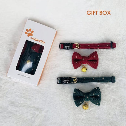 Safety Quick Release Cat Collars, Soft Kitten Collars with Detachable Bow Tie and Bell, Pack of 2, Adjustable 20-30 cm (20-30cm, Wine Red+Xmas Green)
