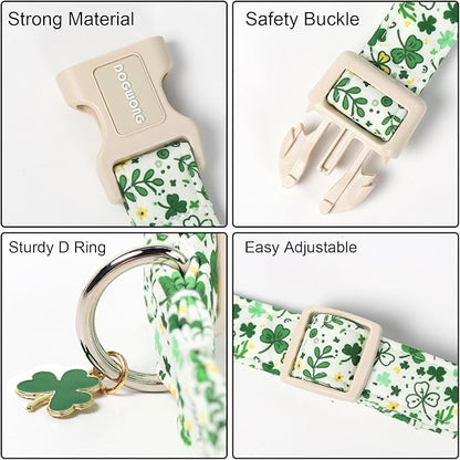 DOGWONG St Patrick's Dog Collar, Green Clover Pet Collar Cotton Holiday Pet Collar Cute Puppy Collar Adjustable Pet Dog Collars for Small Medium Dogs,M