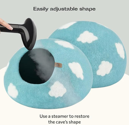 MEOWFIA Cat Cave – Premium Felt Cat Bed for Indoor Cats, Handmade Merino Wool (Cloud Nap Blue, Large)