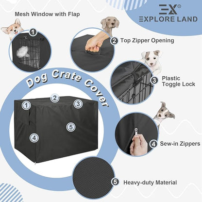 Explore Land Dog Crate Cover Heavy Duty Polyester Pet Kennel Sunshade Universal Fit for 48 inches Wire Cage (Black)