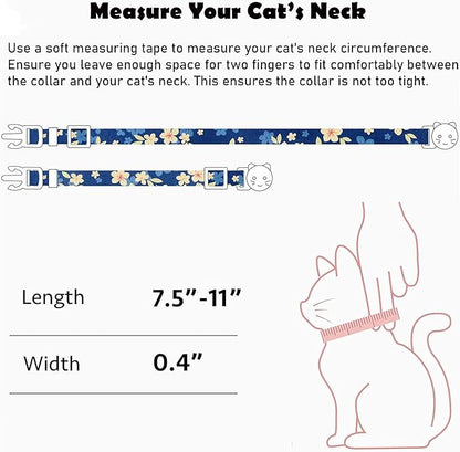 2 Pack Cotton Breakaway Cat Collars Set with Bell and Flower Pendant, Cute Floral Fruit Patterned, Adjustable 7.5-11Inch, Include A Mouse Toy Gift (Yellow+Navy Flower)