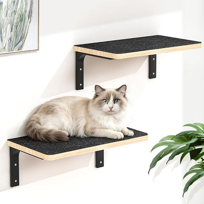 2PCS Cat Wall Shelves with Felt Board,17x9.85 Inch Solid Wood Cat Wall Furniture, Wall Mounted Cats Shelves for Sleeping, Climbing and Scratching