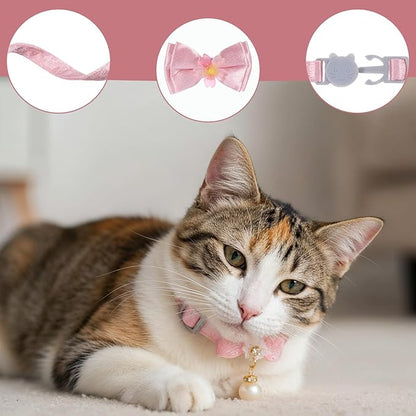Larrel 2 Pcs Pink Cat Collar Bow, Adjustable Comfortable Pearl Cat Collar with Bow Cute Collars for Girl Cats Breakaway Kitten Accessories with Safety Buckle for Preventing Cats from Get Lost