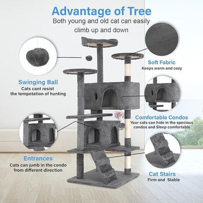 FDW | 54" Cat Tree Tower | Light Gray | Multi-Level Indoor Activity Center with Sisal Scratching Posts, Condos, Plush Perches, Hanging Cat Toys | Sturdy, Easy to Assemble | for Kittens & Adult Cats