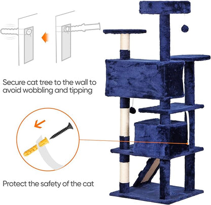 Multi-Level Cat Tree Tower with Condos, 54" Tall Cat Activity Center with Plush Perches and Toys, Space Saving Pet Playhouse for Kittens and Cats (Blue)