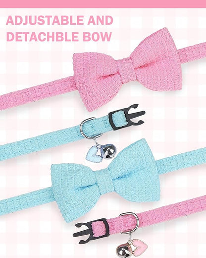 Cat Collar Breakaway with Bells, Soft Cotton Pink Cat Bowtie Collar for Girl Cats, Small Cats Collar with Bow for Spring Summer, 2 Pack Cute Kitten Collars with Removable Bowtie 8-12Inch