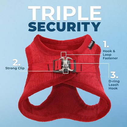 Best Pet Supplies - All Weather Plush, Reflective, No Pull Harness for Small, Medium Dogs, Cats - Secure with Hook & Loop Fastener, Buckle, Double D-Rings - Red Corduroy, XS