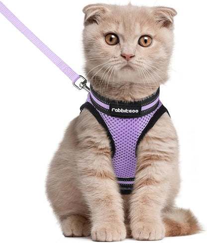 rabbitgoo Cat Harness and Leash Set for Walking Escape Proof, Adjustable Soft Kittens Vest with Reflective Strip for Cats, Comfortable Outdoor Vest, Light Purple, L
