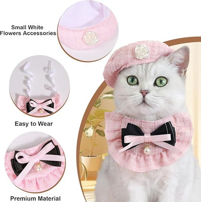 HOWWFALY 2PCS Cat Beret Hat with Small Camellia, Adjustable Satin Bowtie Bandana Scarf Set Pet Princess Costume for Halloween Christmas, Cat Dog Birthday Party Apparel (Pink Bow)
